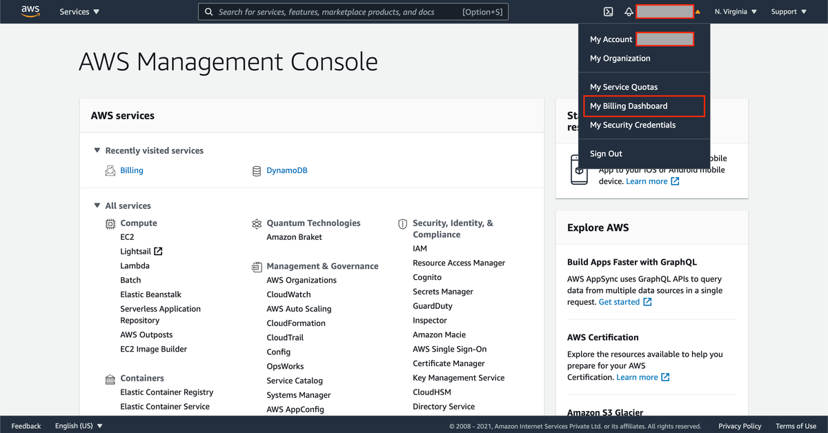 AWS Services Page With Profile Dropdown