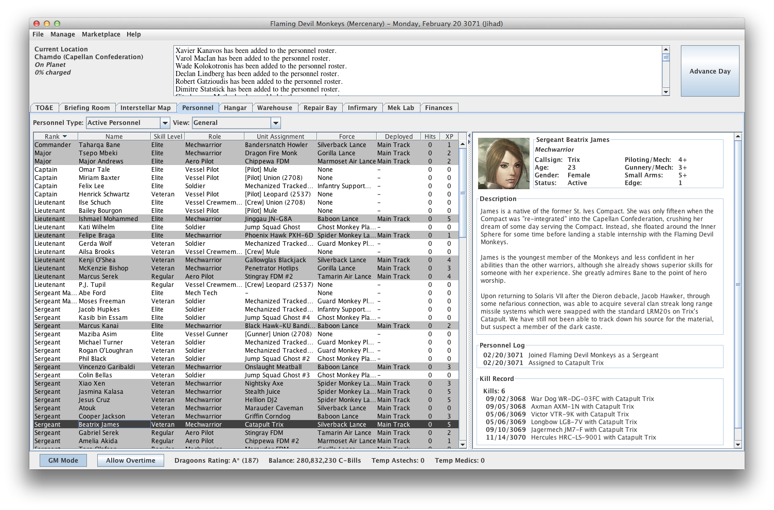 MekHQ Pilots List and Details Screen